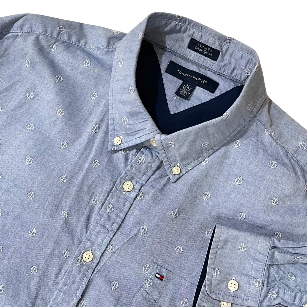 Tommy Hilfiger Mens Button Down Shirt XL Blue Anchor Print Custom Fit Nautical